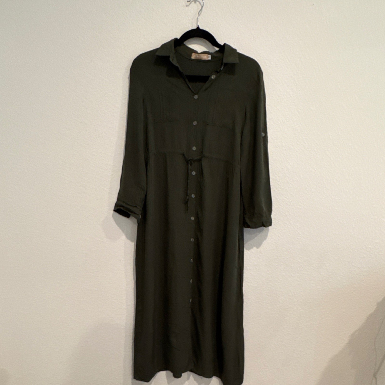 Olive Rayon Midi Shirt Dress Button Drawstring Collared 3/4 Sleeve size S