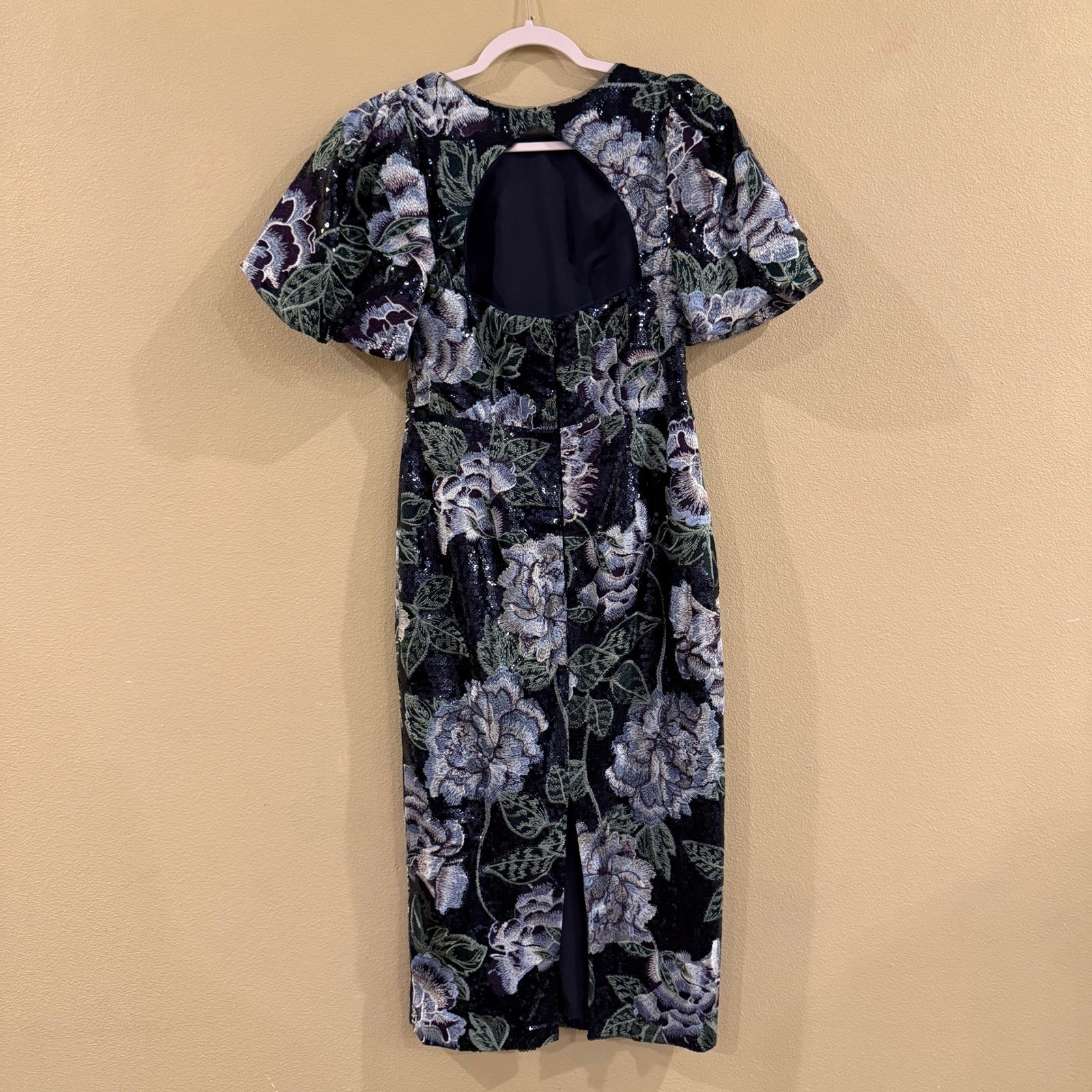 Marchesa Notte Bubble Sleeeve Sequin Floral Midi Dress 4 Women Navy Blue