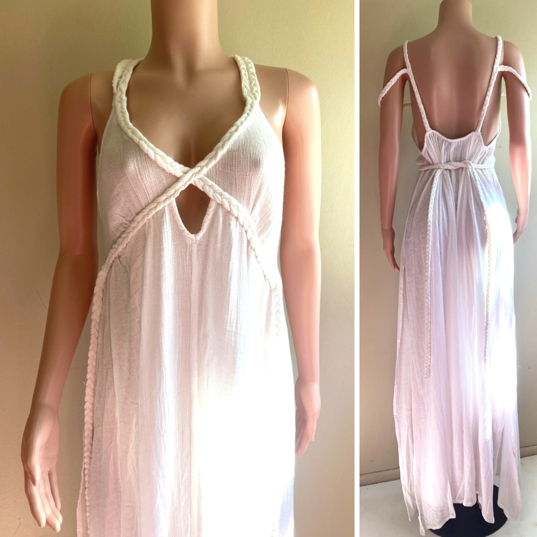 ASOS White L XL Goddess Maxi Dress White Cotton Straps Bra Top Low Tie Back