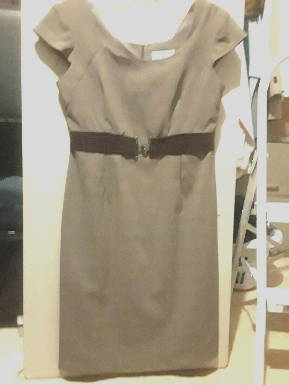 Karin Stevens dress 10 pin stripe plaid dark front belt/ 36 chest /40 in. Long