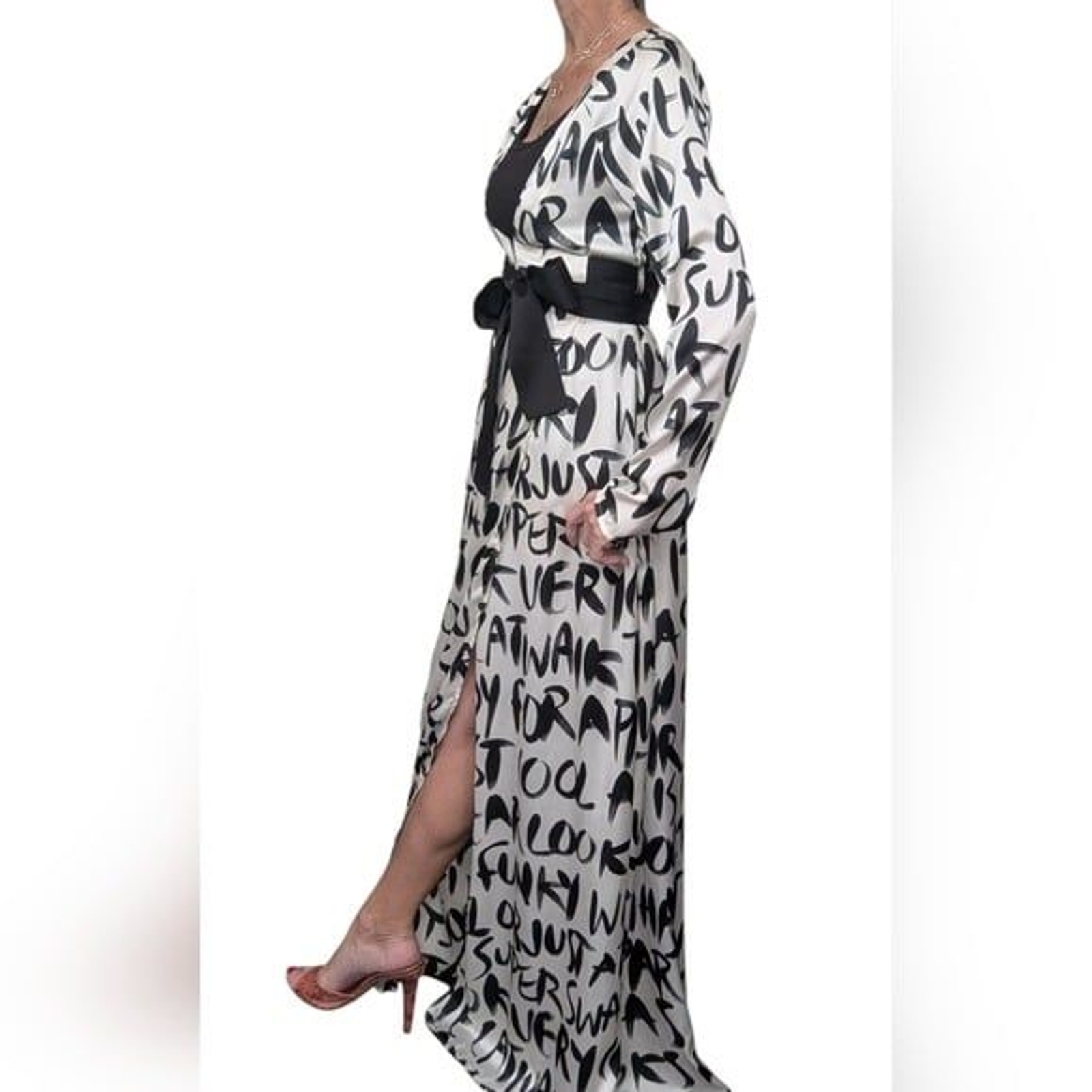 Locker Room Black White Graphic Print Open Back Belted Maxi Dress