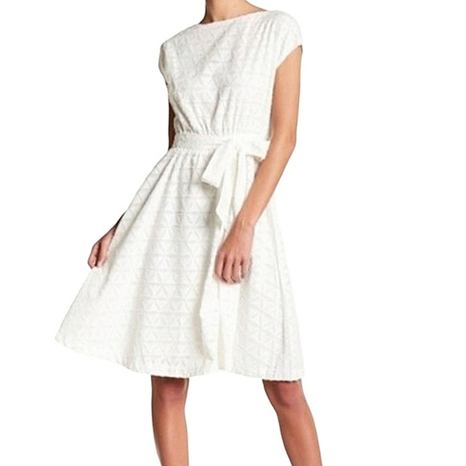 J.O.A. white textured floral cap sleeve tie waist dress size S NWT