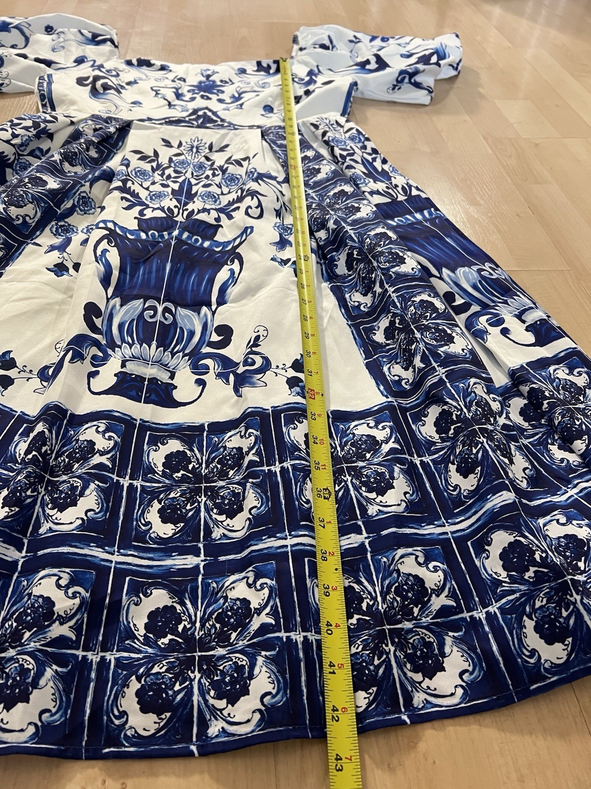 One & One Blue White Tile Print Puff Sleeve Dress Women’s 4XL Mediterranean Chic