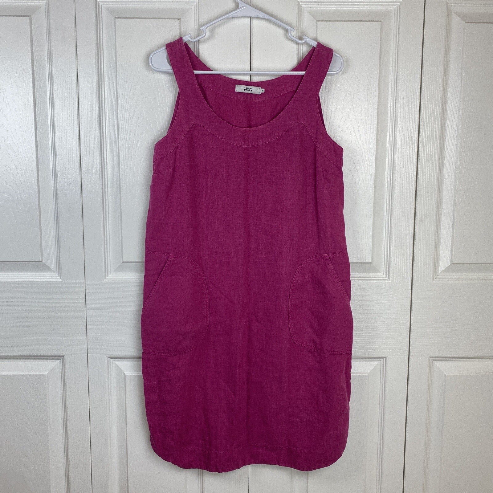 0039 Italy M Linen Dress Magenta Pink Overall Lagenlook Tank Shift Garden