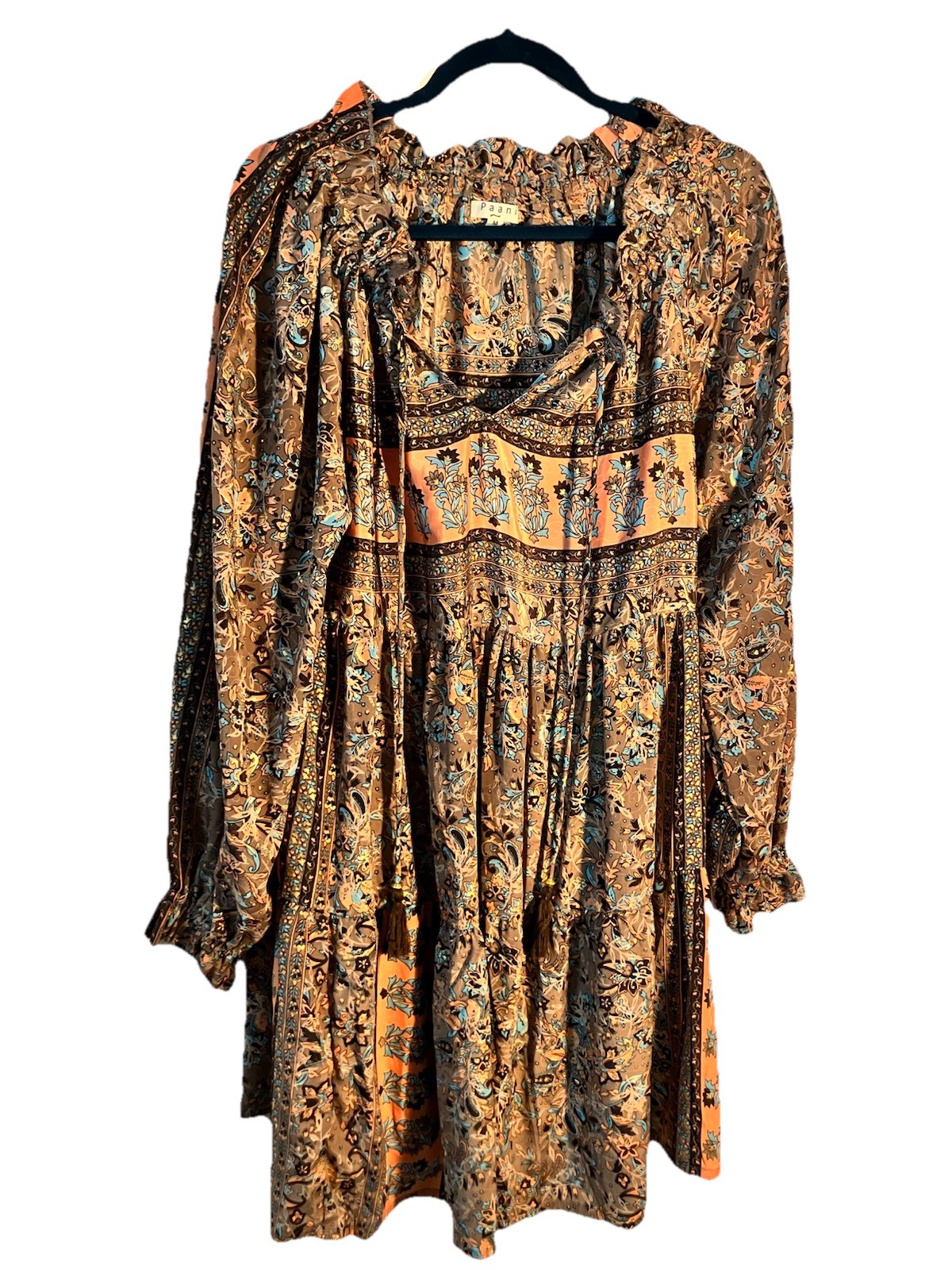 Paani Women’s Brown Teal Gold Boho Print Tiered Dress Size Medium Tassels LS