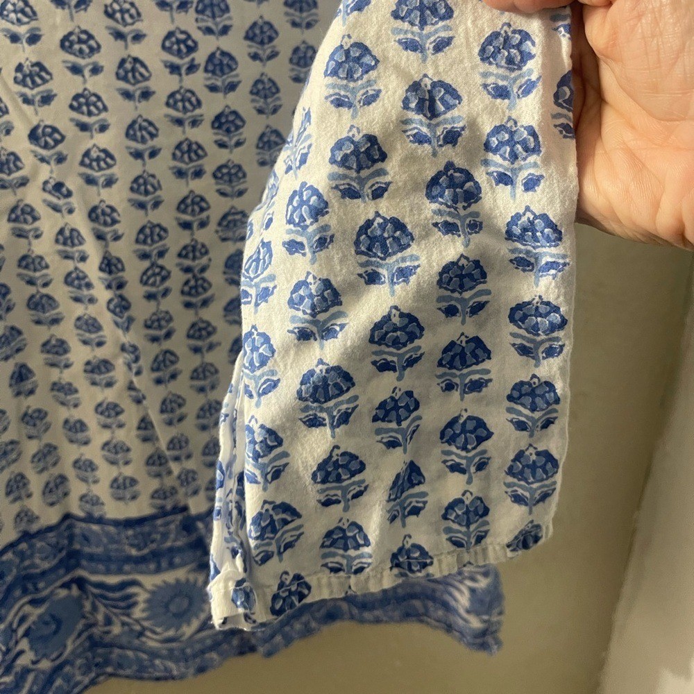 Pomegranate Resort Blue/White Bohemian Vacation Mini Tunic Cotton Dress Large