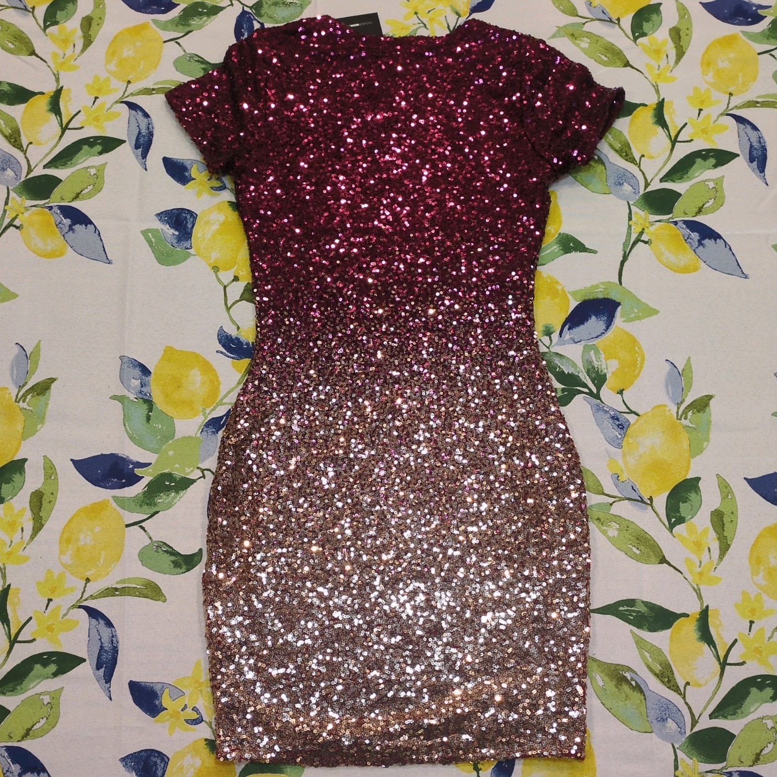 NWT Fashion Nova Sequin Burgundy Pink Gold Ombré Mini Party Cocktail Dress Sz. S