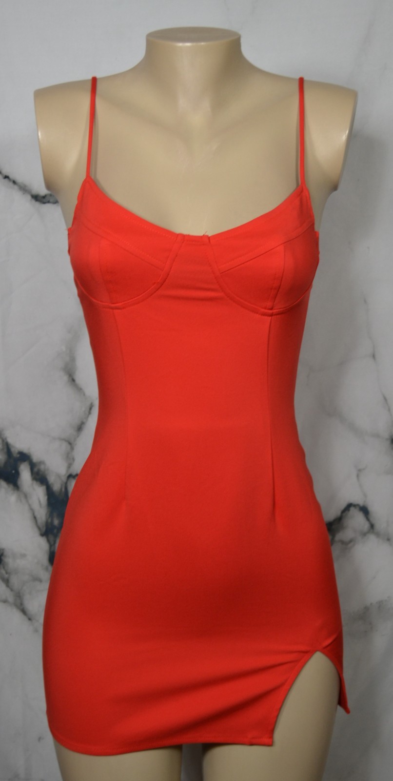 LUVALOT Red Bodycon Dress 2 Adjustable Straps Thing High Split Lined Bust