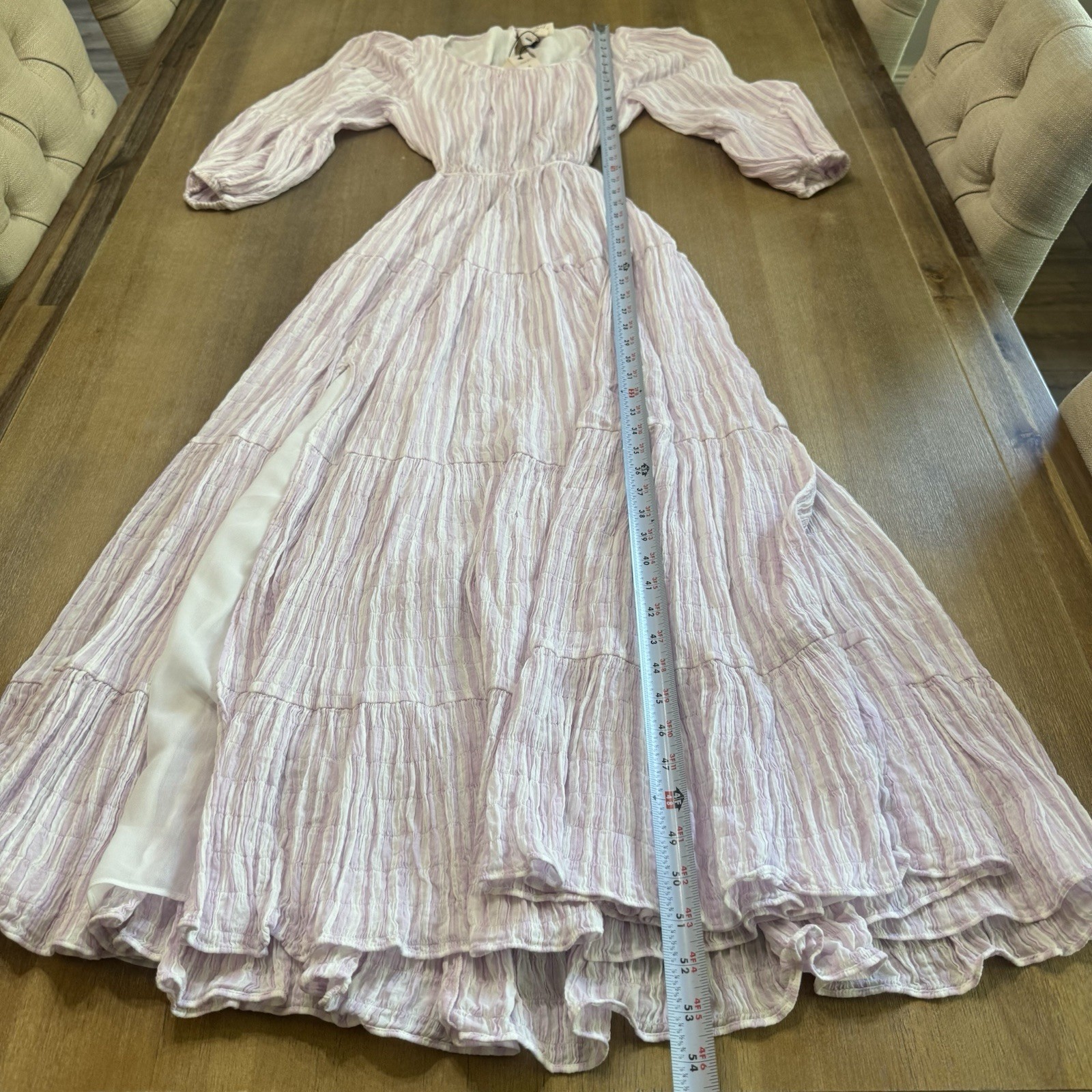 Cinq à Sept Seersucker Midi Dress Size 6 Lavender Ivory Smocked Elastic Waist