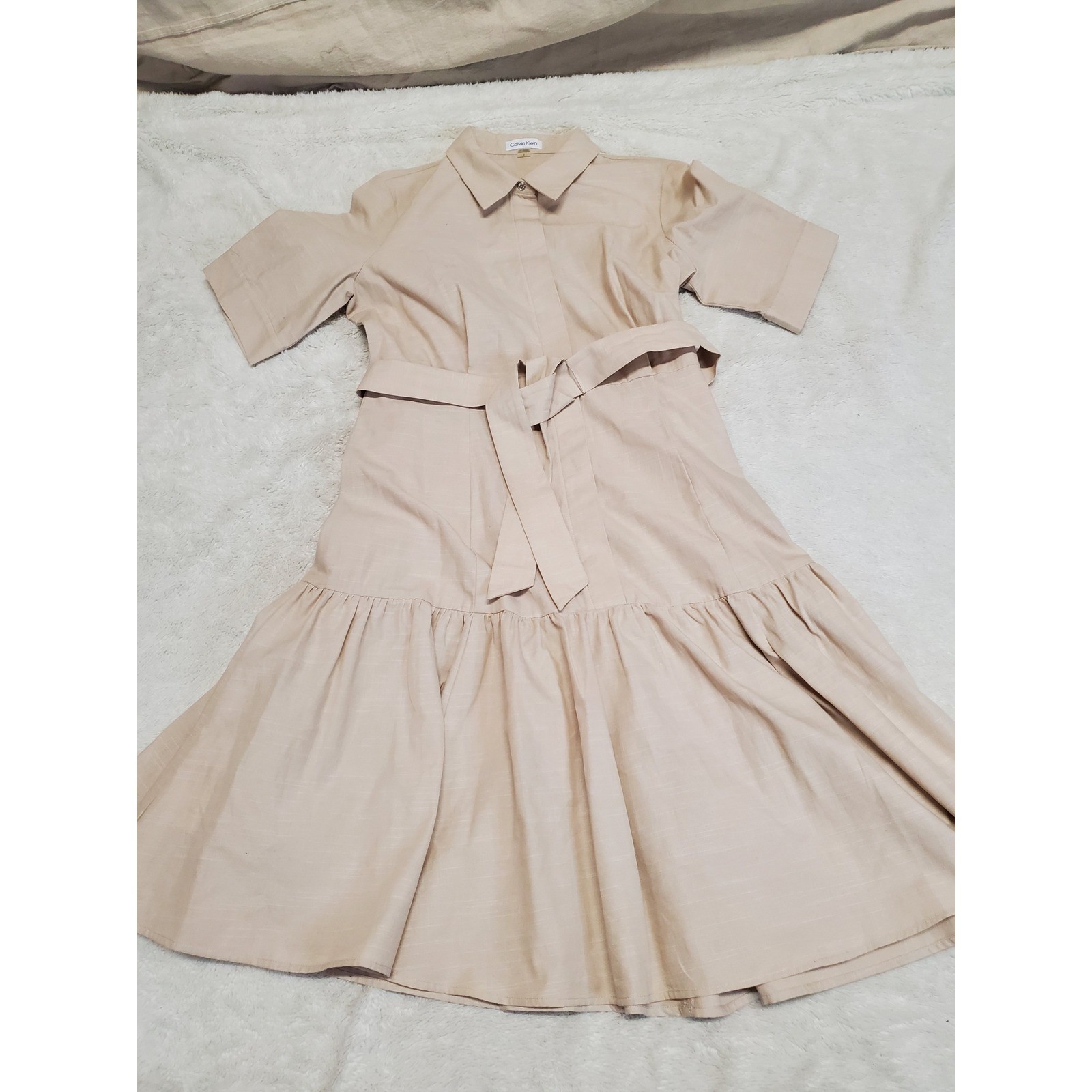 NWOT Calvin Klein Beige Tied Midi Dress 10 Boho Money Capsule Classic Minimalist