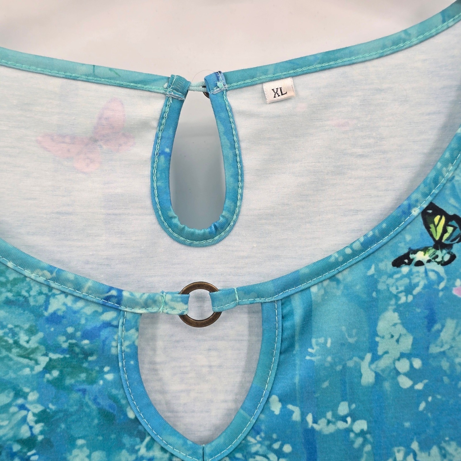 Enchanted Forest Butterfly Blue Dress Womens XL Keyhole Ring Neck Pockets