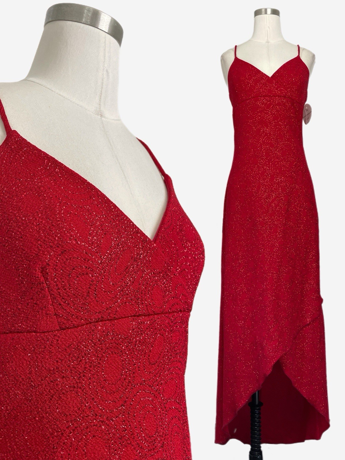 Vintage Y2K Hyphen NWT Red swirl glitter asymmetric stretch slip midi dress M/L