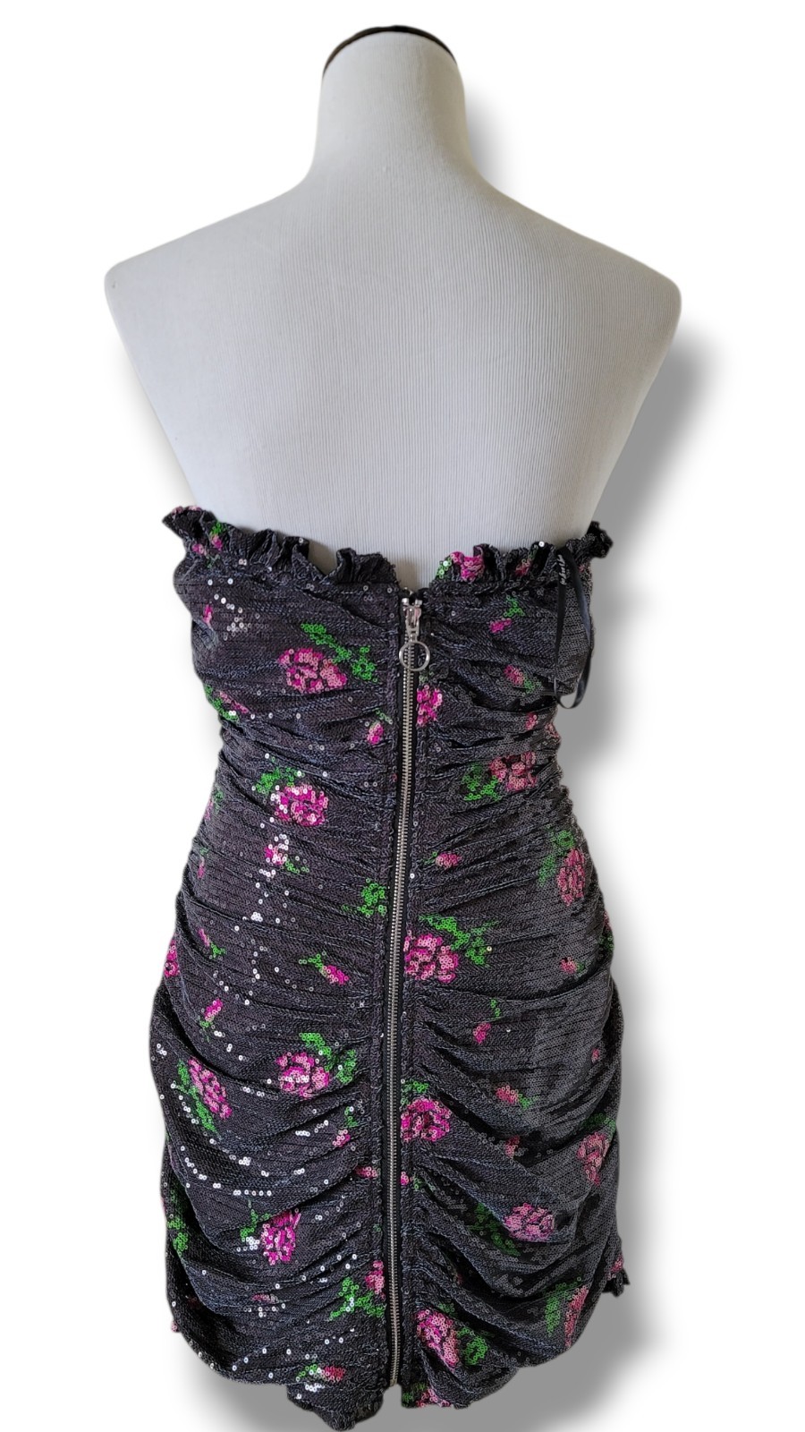 NWT For Love & Lemons Rose Sequin Strapless Ruched Mini Whimsigoth Dress L