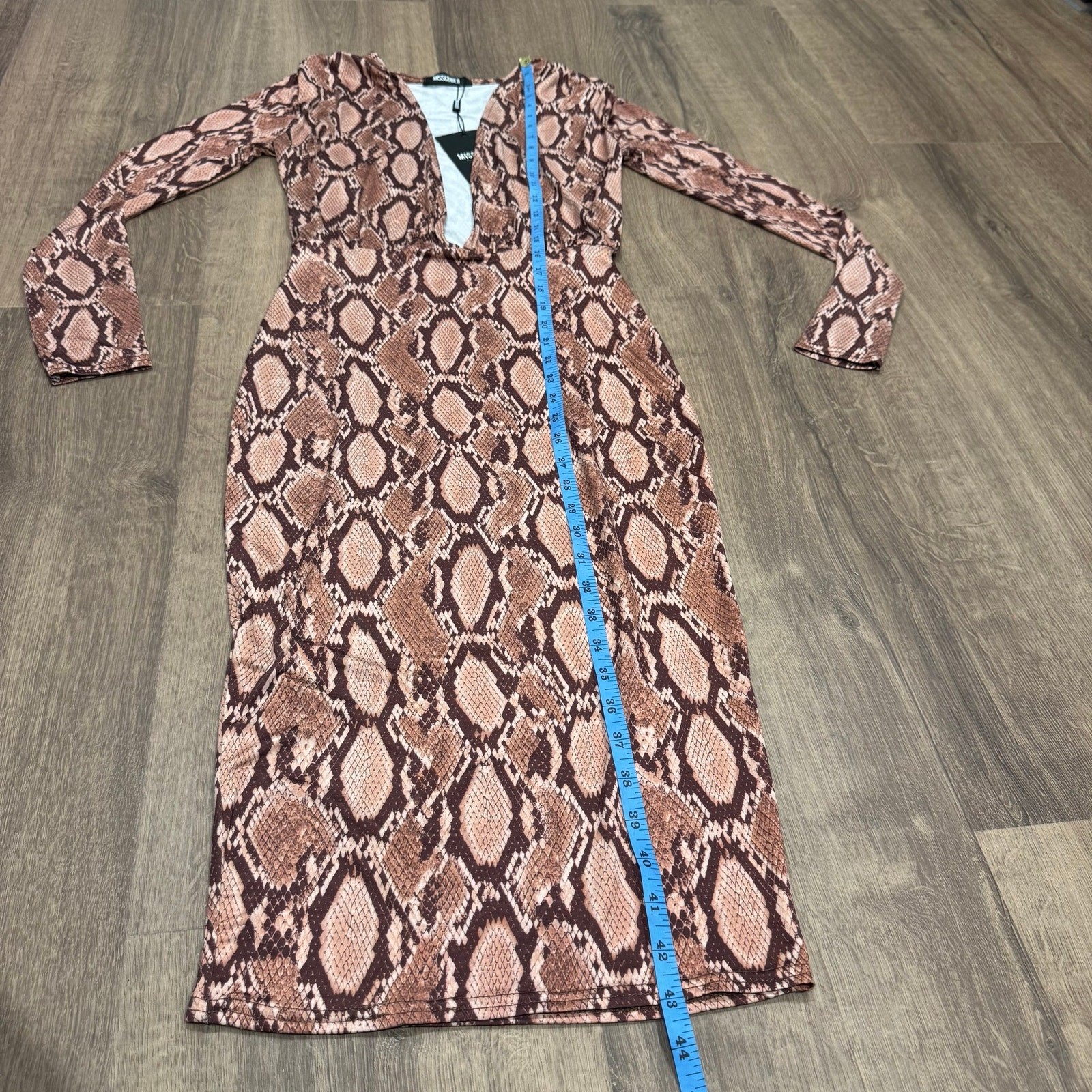 Missguided Pink Brown Deep V Neck Snake Skin Long Sleeve Dress Size 4 Small