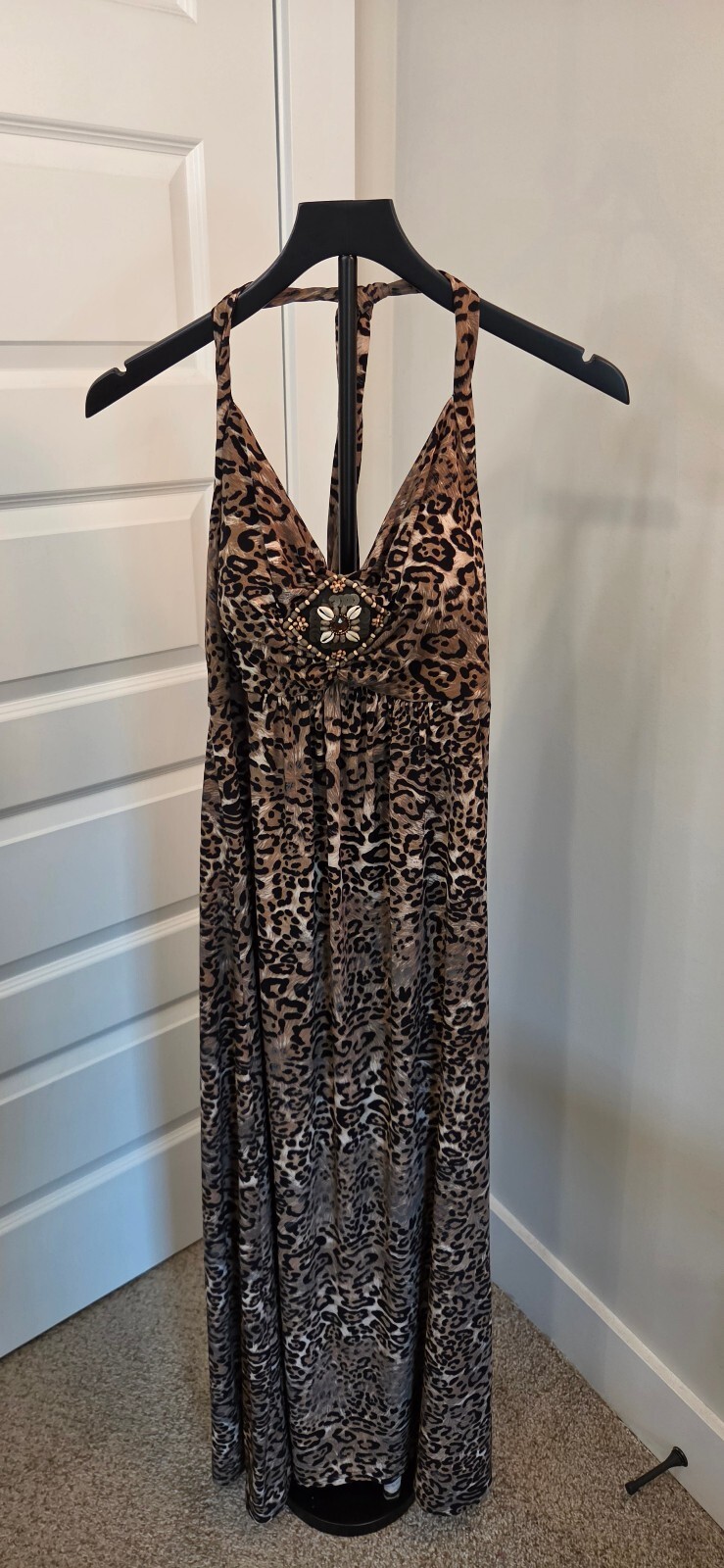 Vintage Collection Leopard Print Maxi Dress with Beaded Detail, Size M