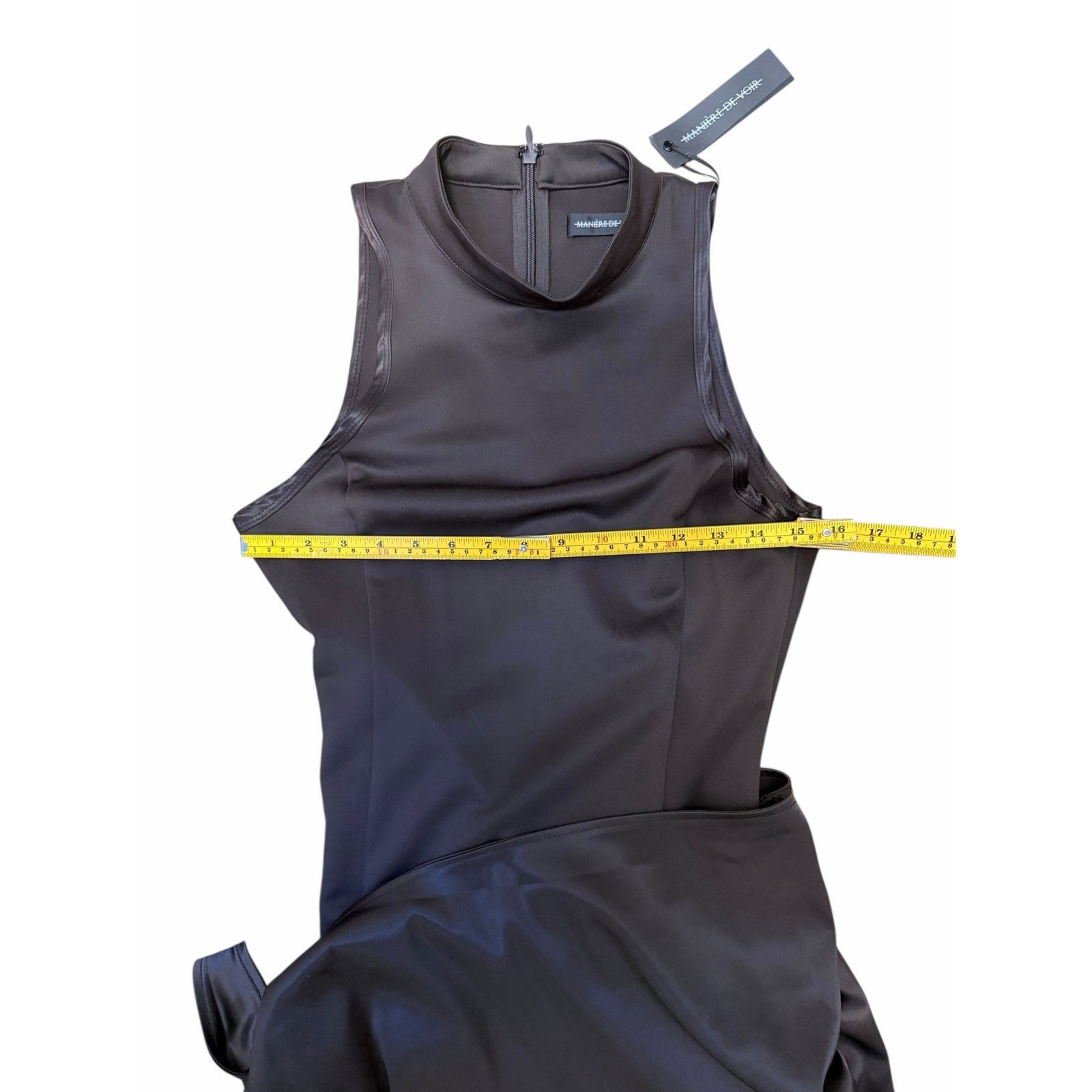Manière De Voir Neoprene & Satin Wrap Bodycon Dress brown. Elegant modern glam