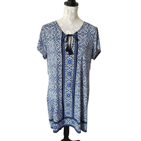 Lands End Womens Blue Floral Nylon Spandex Blend Dress Summer Athletic Large