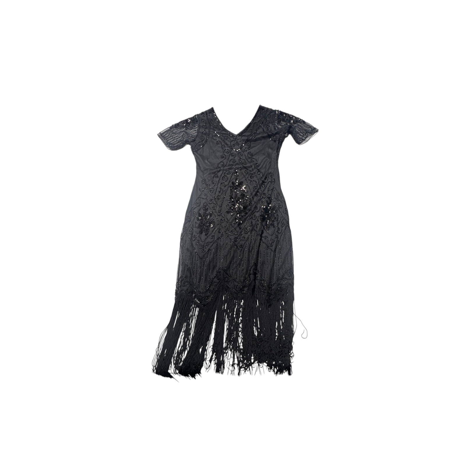 Babeyond Flapper Dress Womens L Black Beaded Sequin 1920s Great Gatsby Fringe