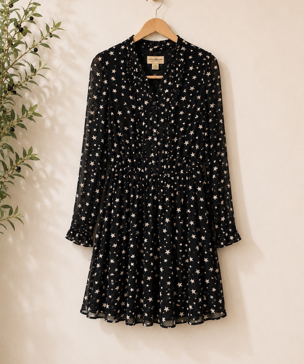 Denim & Supply Ralph Lauren Black Star V-Neck Chiffon Shift Mini Dress S/P