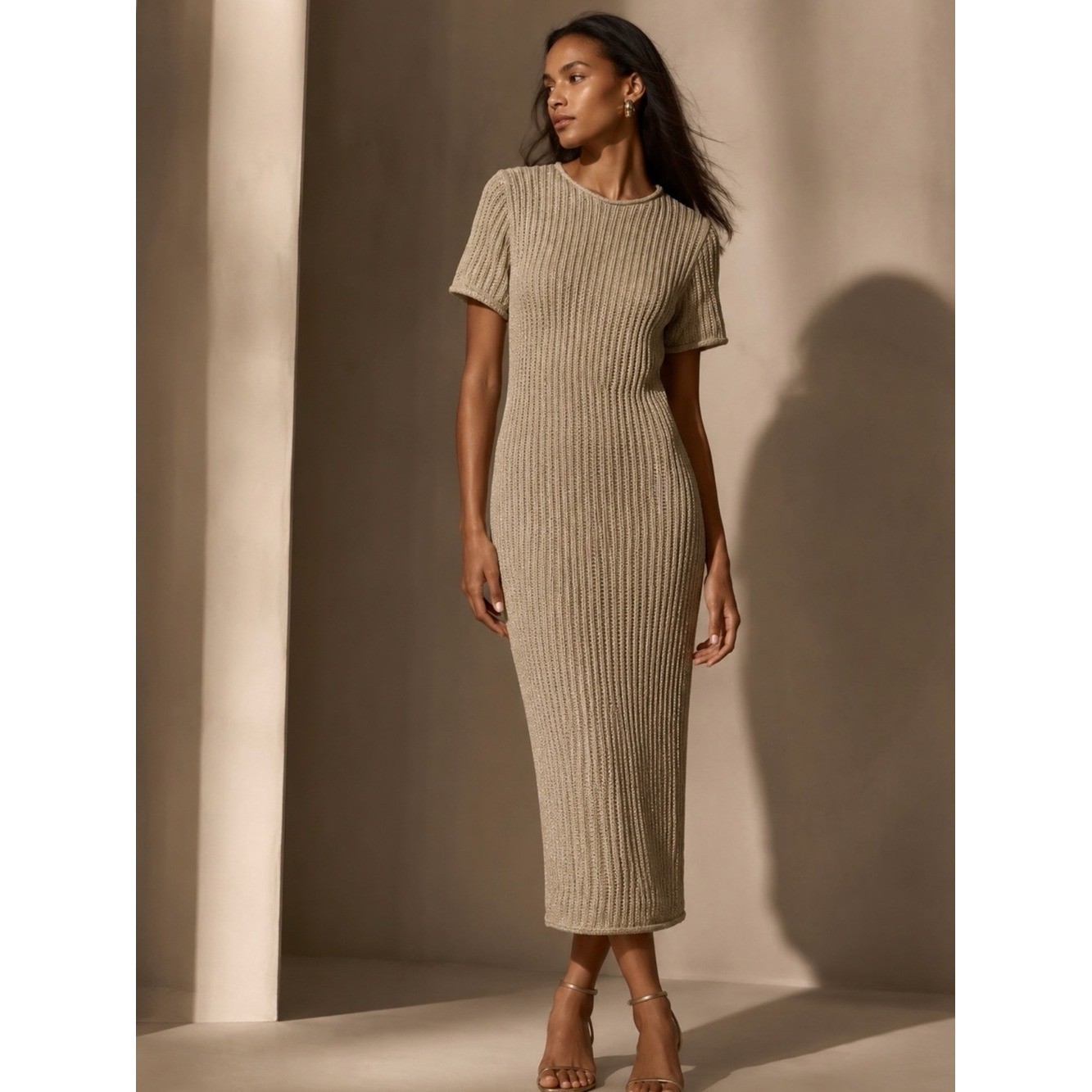 Donna Karan NY Metallic Open Knit Column Midi Dress Small Petite