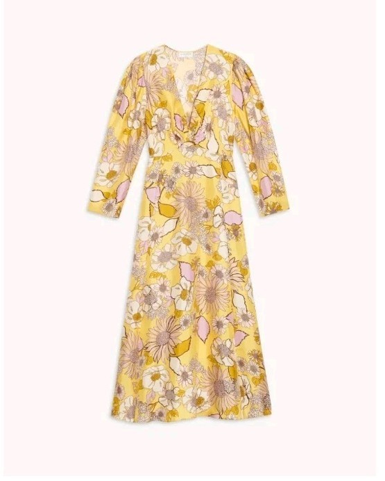 Sandro Giorgia 100% Silk Floral Printed Midi Dress Size 34 UK 6