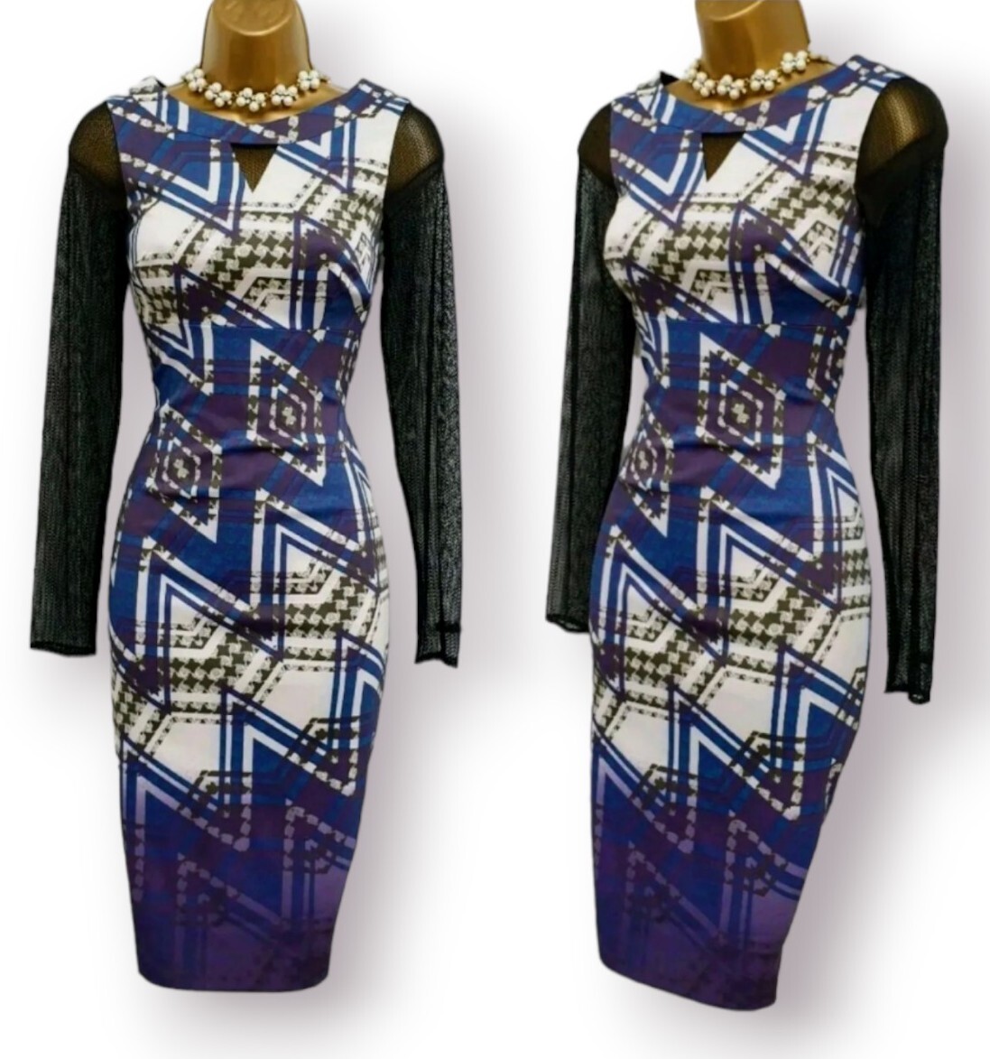 Karen Millen BNWT Purple Zigzag Mesh Sleeves Wiggle Pencil Occasion Dress UK 8