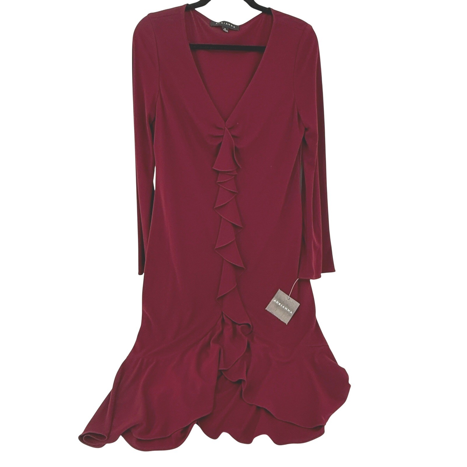 NWT Adrianna Papell Burgundy Red Ruffle Front V-Neck Long Sleeve Dress Size 8