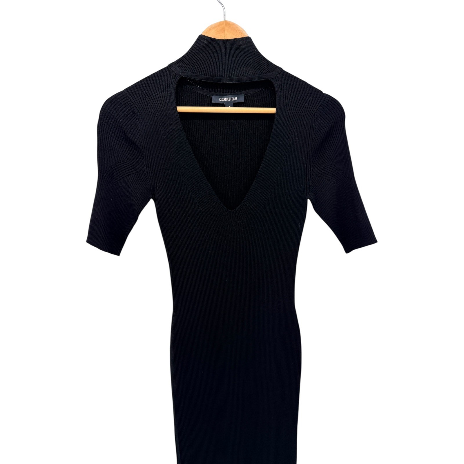 Cushnie Et Ochs Knit Black Ribbed High Neck Cutout Midi Dress S Minimalist