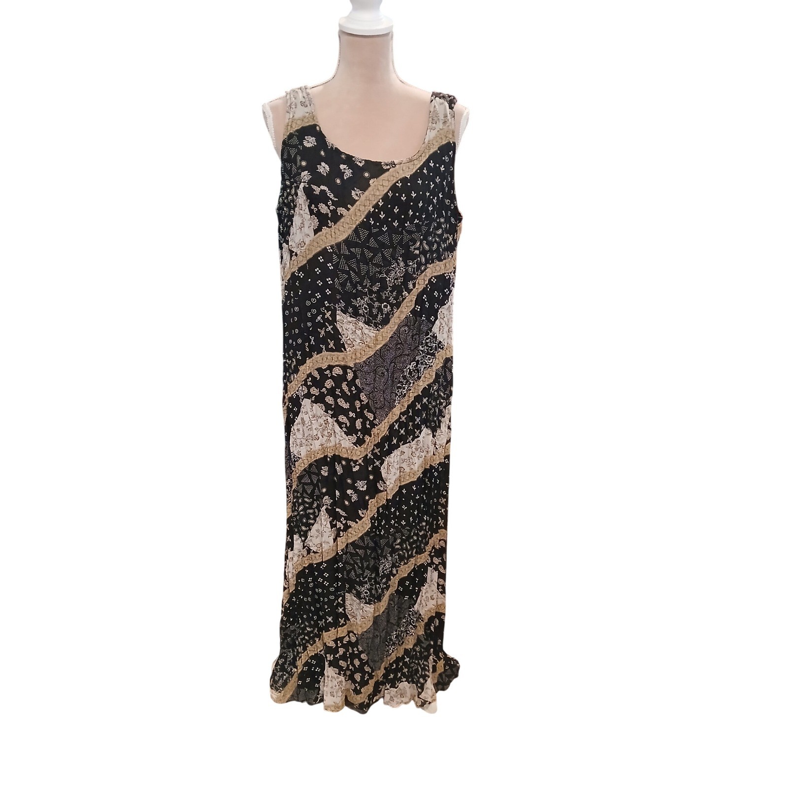 VTG XL Sleeveless Crinkle Patchwork Maxi Dress Black Tan Paisley Floral Boho