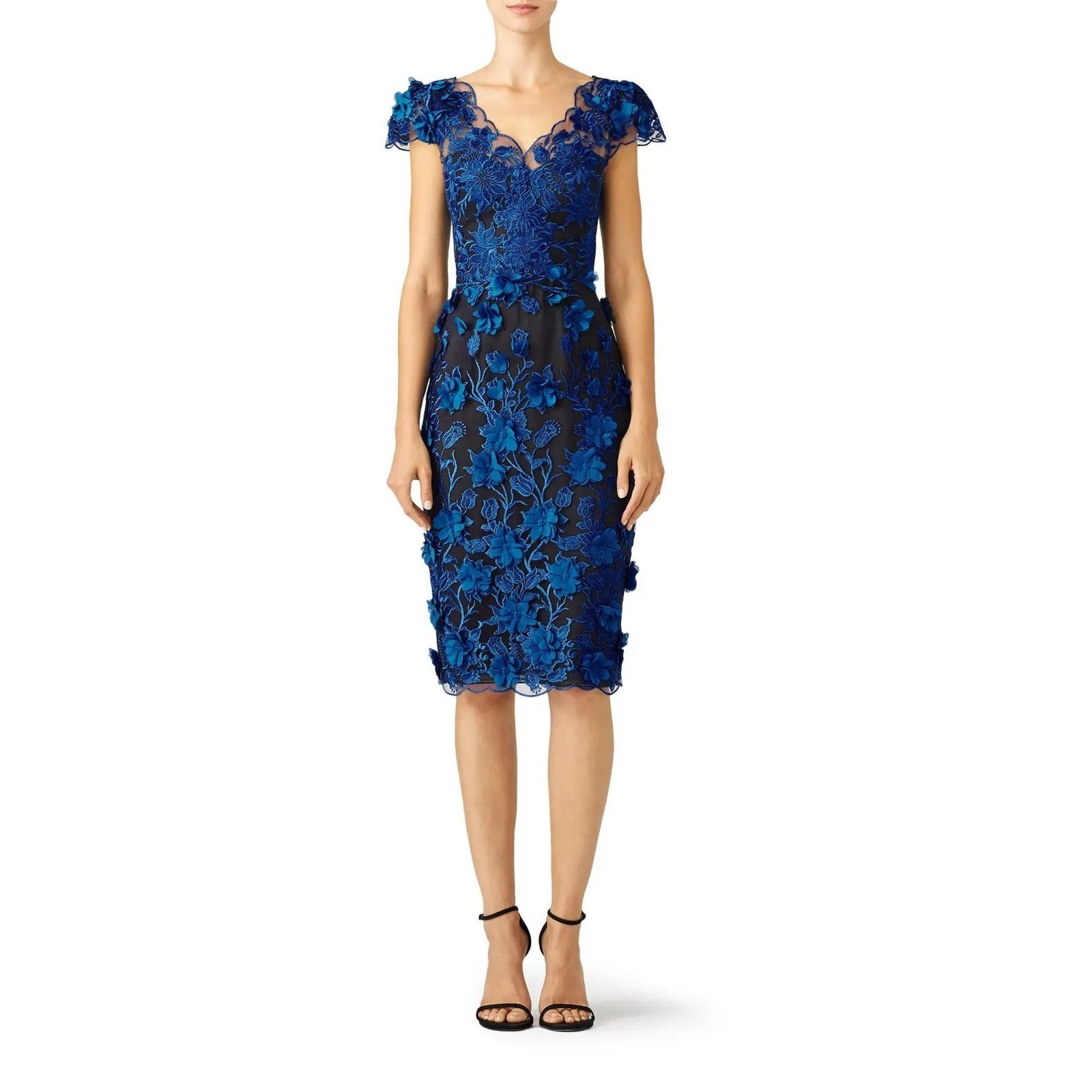 Marchesa Notte Blue Floral 3D Applique Lace V-Neck Sheath Dress Size 0