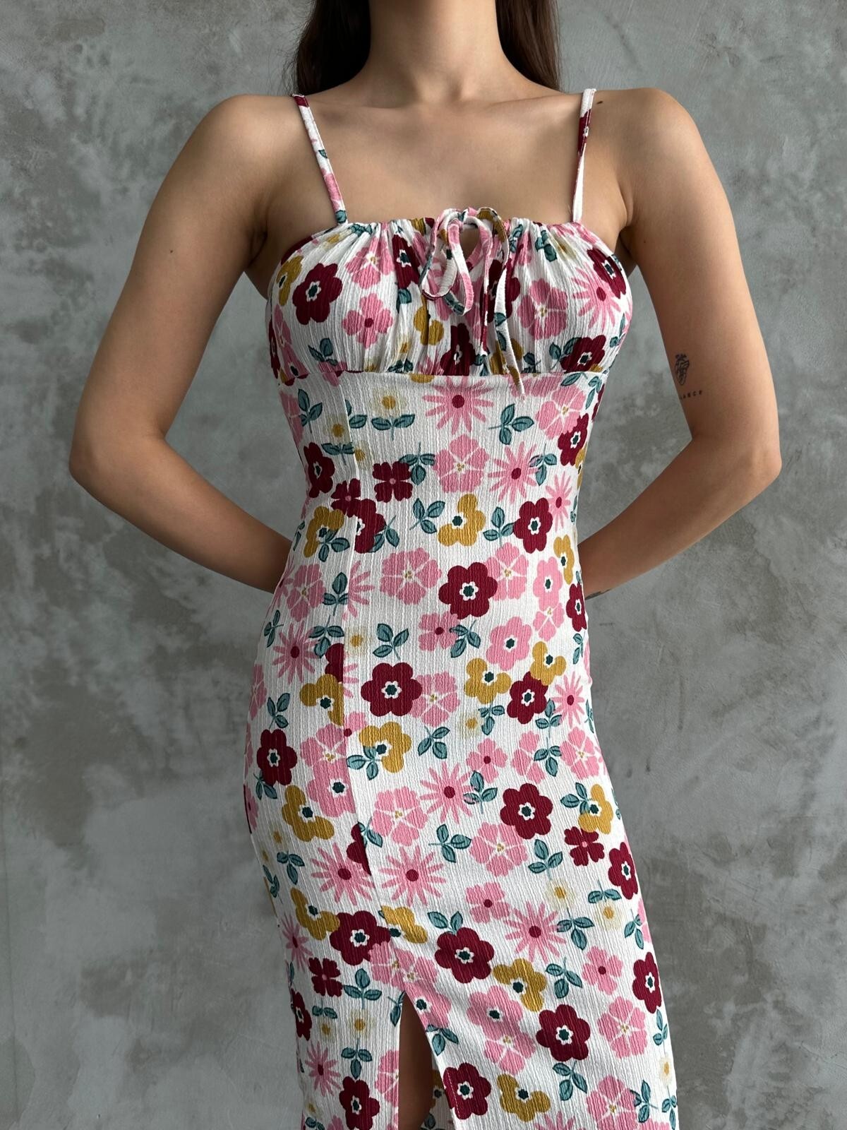 Mixed Patterned Pink Wafer Chest Tie Strap Dress