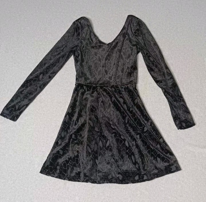 One Clothing Velvet Burnout Skater Fit Flare Mini Dress XS Black Whimsigoth Y2K