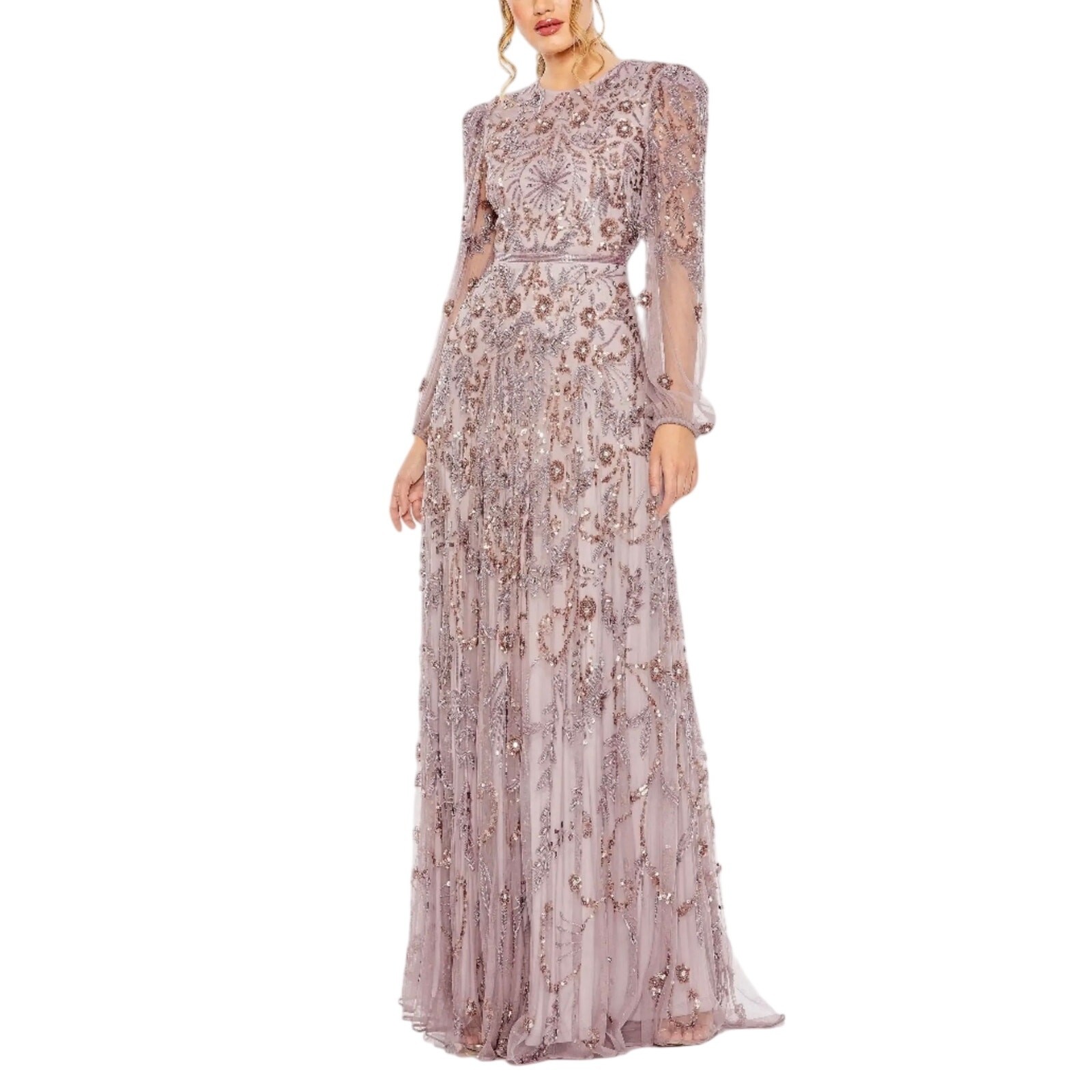 Mac Duggal 93930 Purple Evening Gown Beaded Long Sleeve Chiffon Dress Size 10