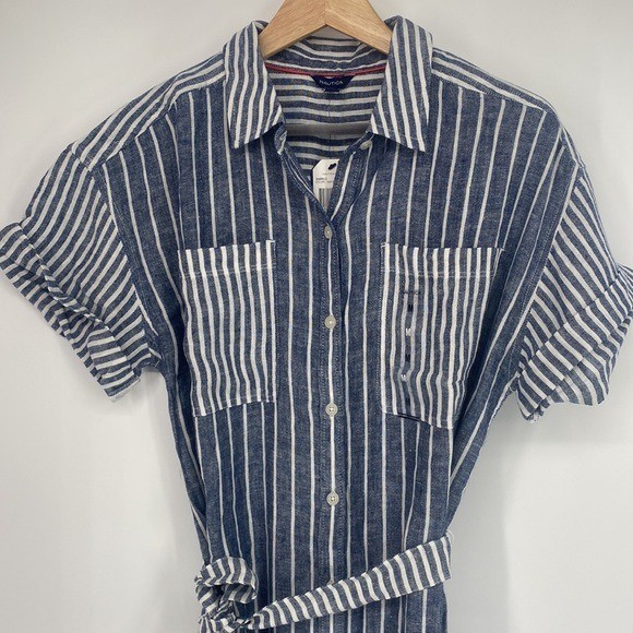 Nautica | Blue & Bright White Stripe Linen-Blend Belted Shirt Dress Medium NWT