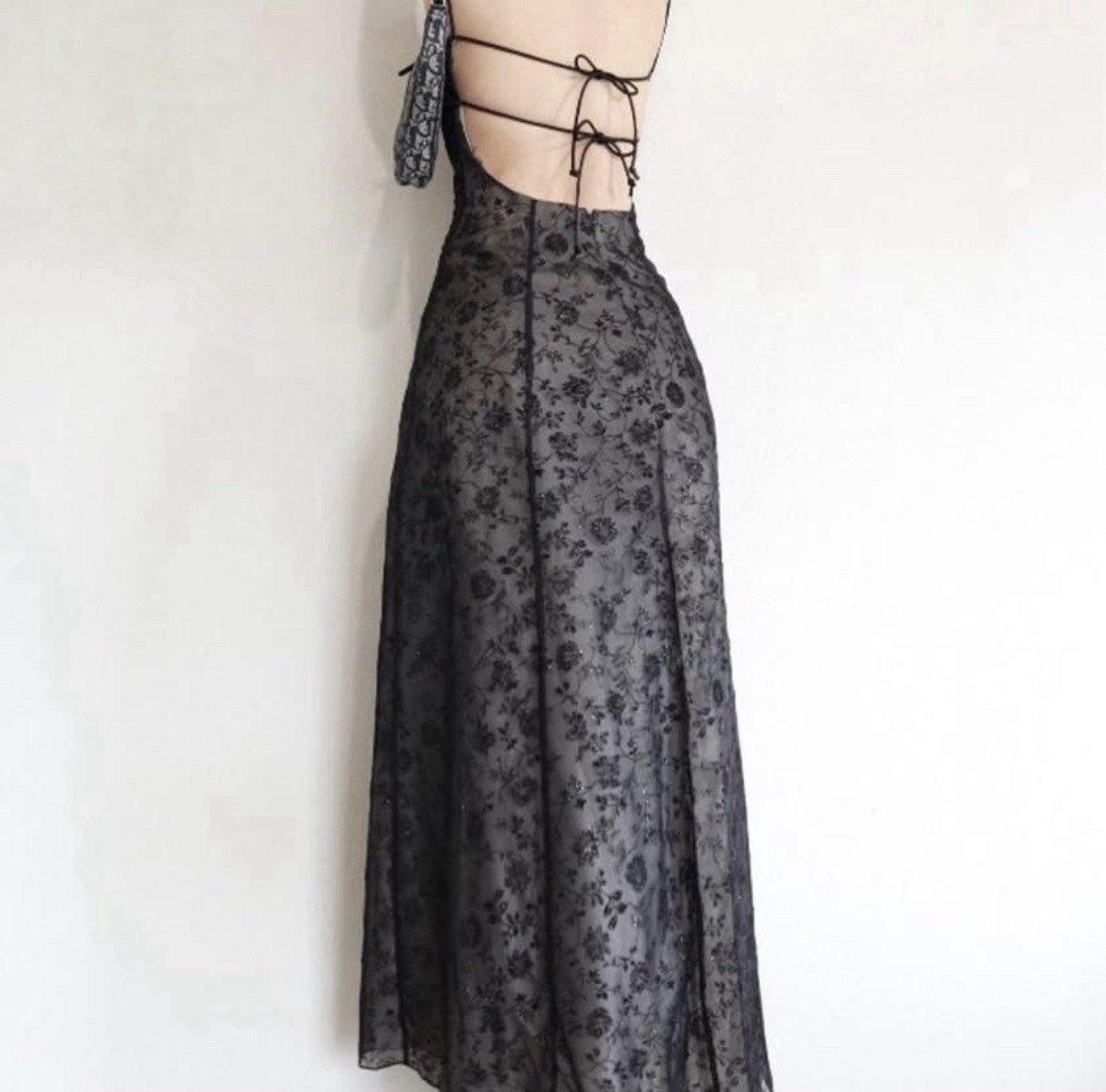 Black Floral Mesh Beaded Lined Maxi Dress Straight Neck Lace-Up Back