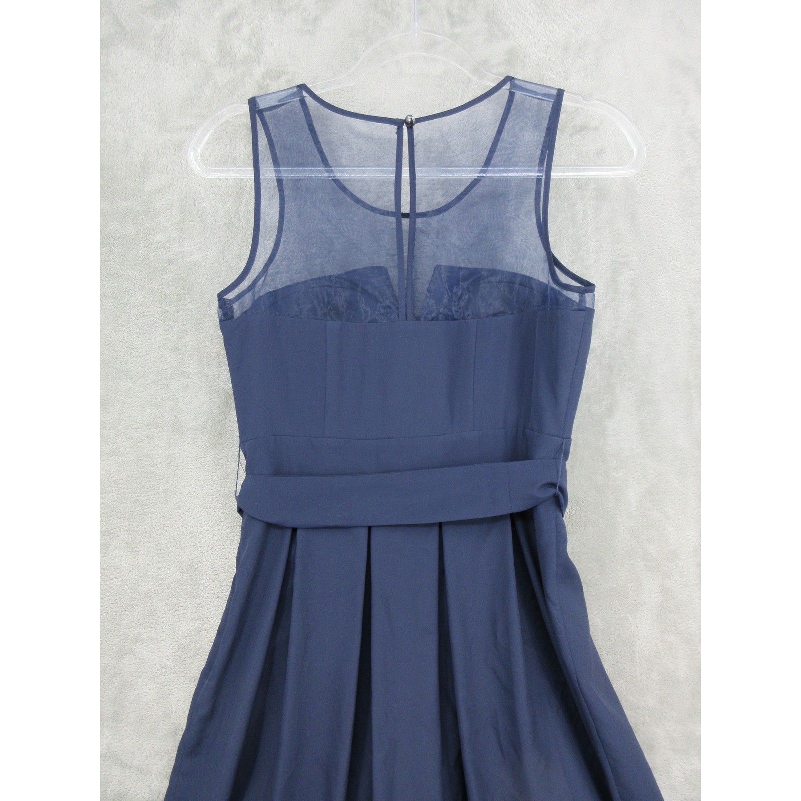 GUESS Dress Womens 2 Sheer Neckline Pleated Party Belted Navy Blue Event Zip