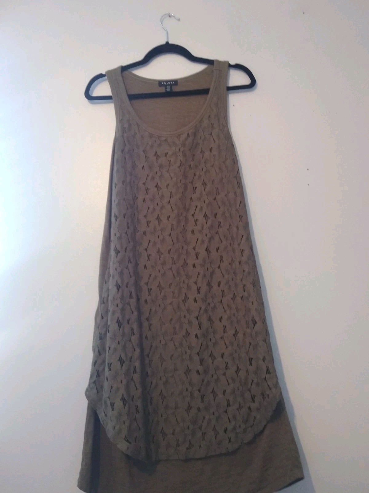 Tribal Sleeveless Dress Medium Olive Green Lace Floral Overlay Scoop Neck Midi
