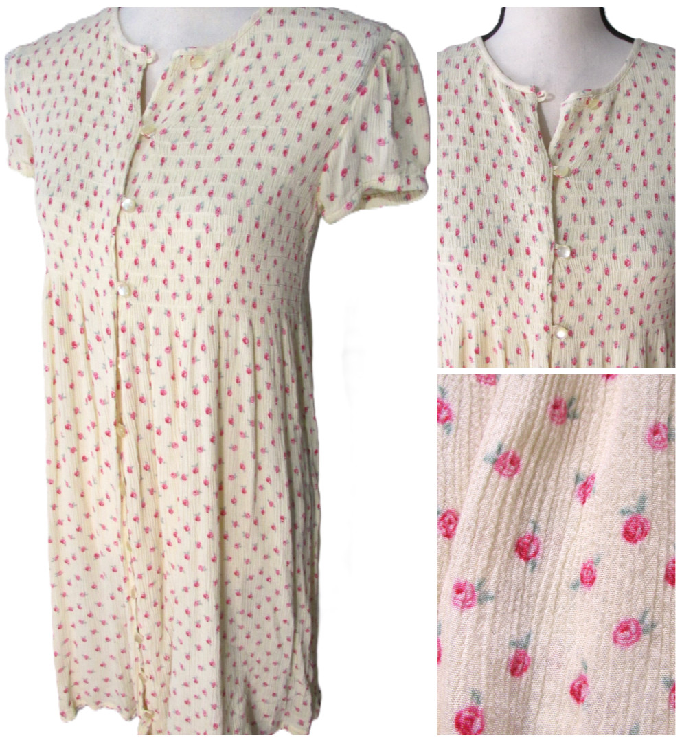 Y2k Midi Dress M Button Cottage Core Yellow Dainty Floral Milkmaid Crinkle Boho