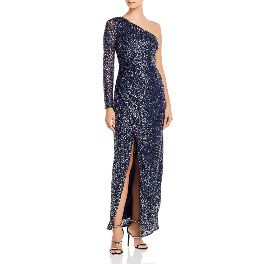 NWT Aqua Sequined One Shoulder Gown Navy & Silver 6 $298
