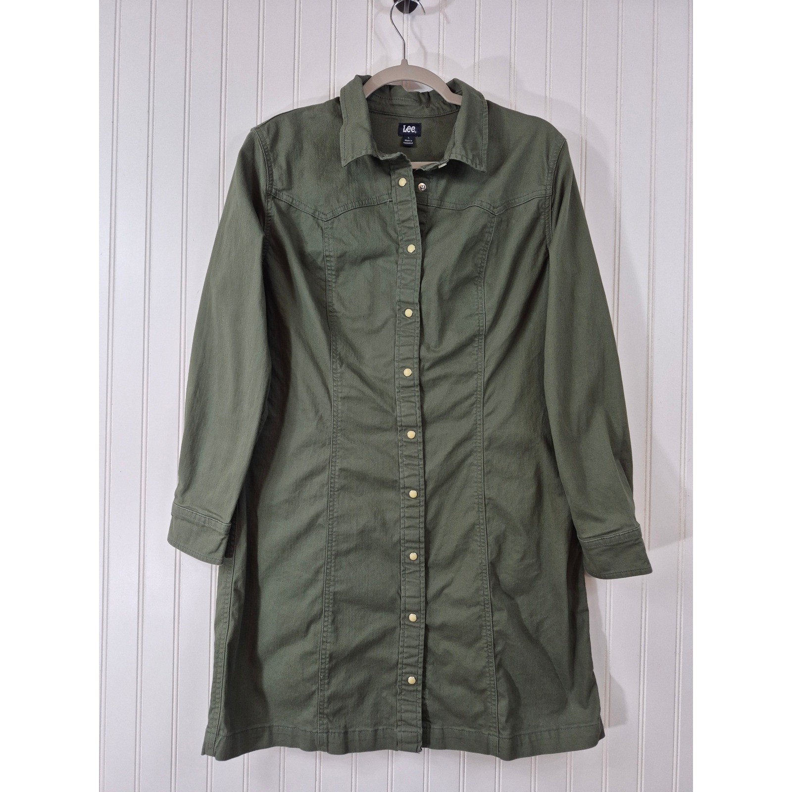 Lee Olive Green Western Pearl Snap Front Utility Shirt Dress Long Sleeve Large