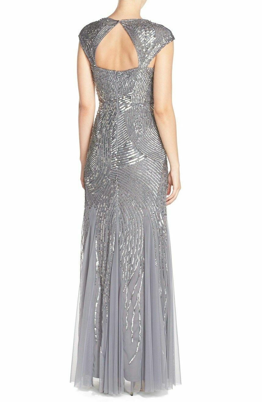 NEW Adrianna Papell [ 2 ] Embellished Mesh Envelope Gown in Silver/Grey #M27