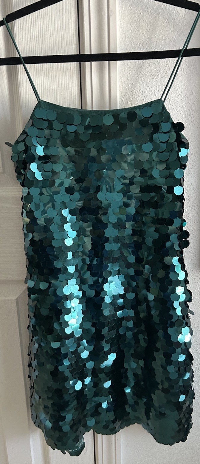 Thirty Thirty Green Blue Sequin Slip Mini Dress Cowl Neck Spaghetti Strap XS