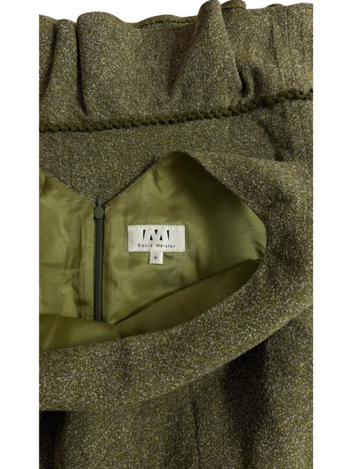 David Meister Olive Green Wool Boucle Ruffle Hem Sleeveless Sheath Dress 6