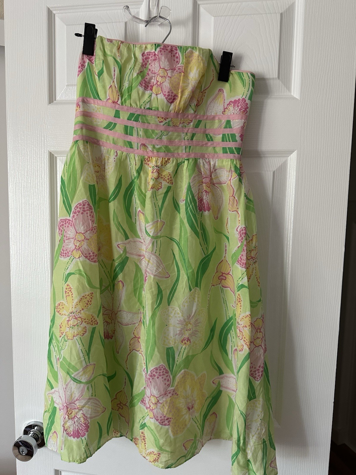 Green Pink Yellow White Floral A-Line Dress Sleeveless Strapless Lined Zip 2