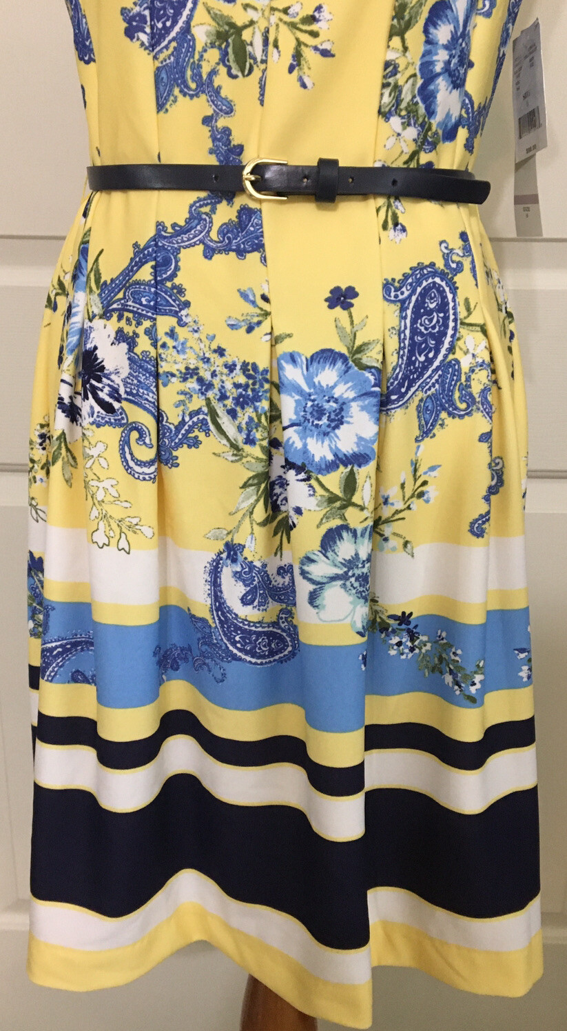 NWT Leslie Fay size 6 yellow blue white floral sleeveless fit and flare dress