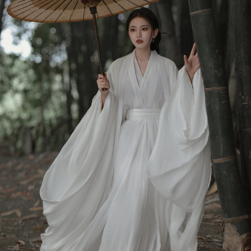 Women Hanfu Dance Dress Traditional Chinese White Robe Big Sleeve Weijin Dynasty