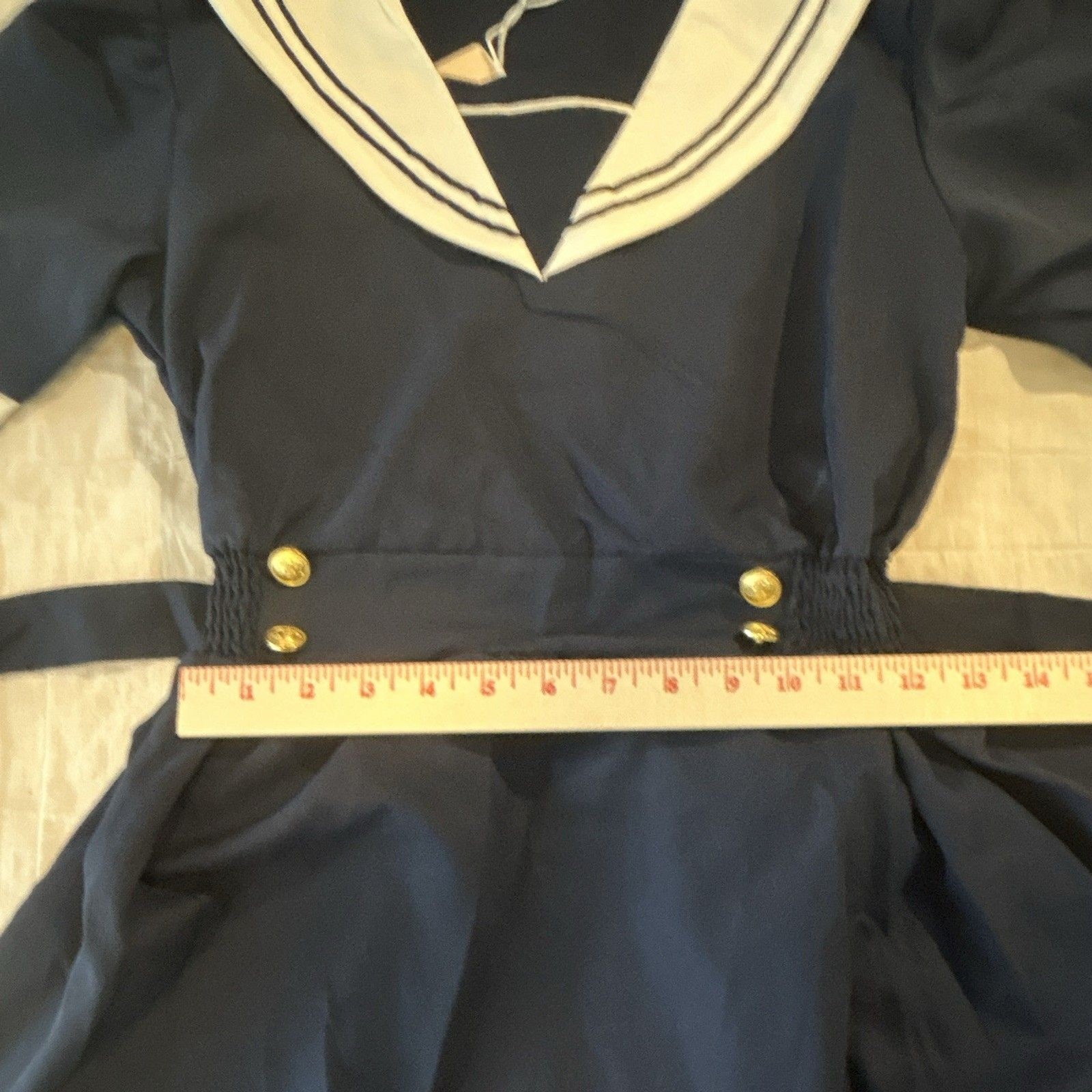 QIAO DUO YI M Women’s Navy White Sailor Collar A-Line Belted Dress Button Bow