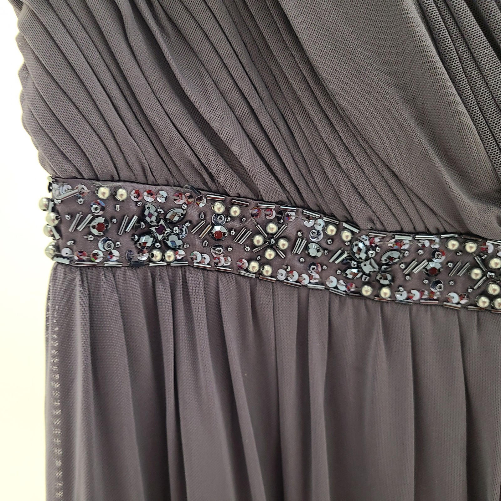 Decode 1.8 Cap Sleeve V Neck Gray Beaded Maxi Long Formal Gown Dress- Size 16
