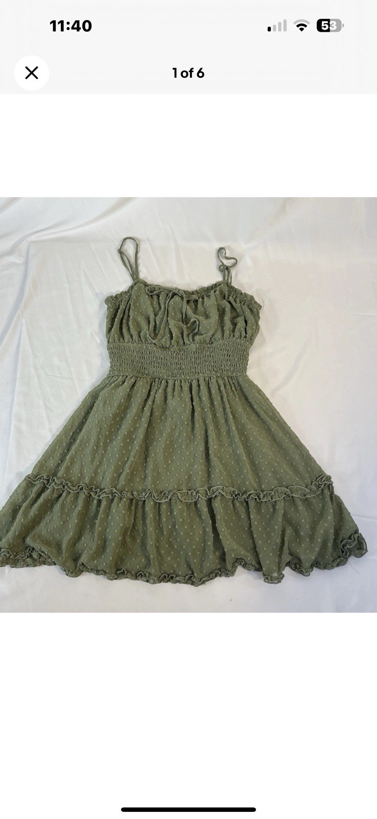 Francesca’s-Blue Rain Mini Dot Dress- Sz M OliveGreen Rouched Waist-Fit & Flare
