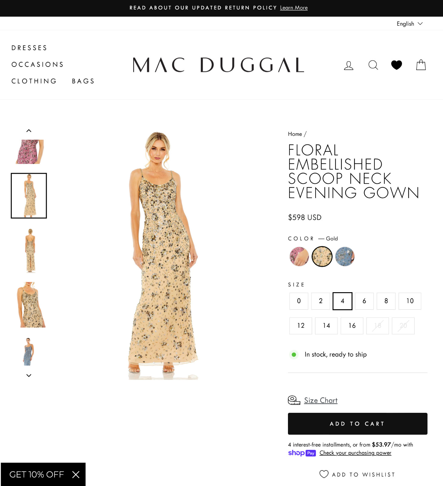 NWT $598 Mac Duggal [ 4 ] 5477 Floral Embellished Scoop Neck Gown Gold J1177